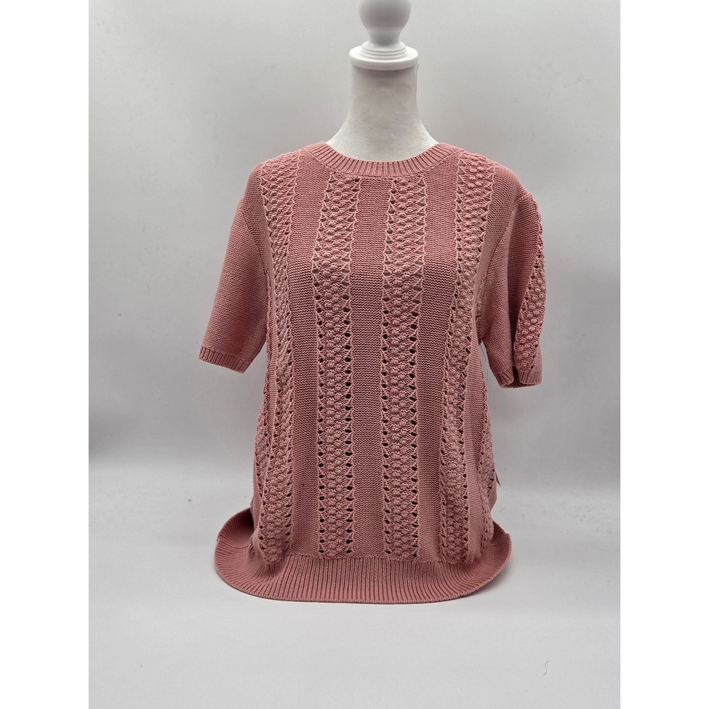 Lucky Brand Women's XL Pink 100% Cotton Openwork Knit Short Sleeve Top 101-670